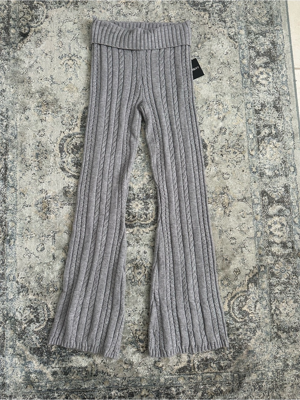 NWT Harper Cable-Knit Fold Over Flare Leg Pants — Light Gray